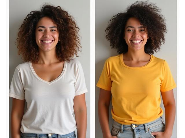 Maria, 45, smiling confidently after weight loss journey, before/after portrait.