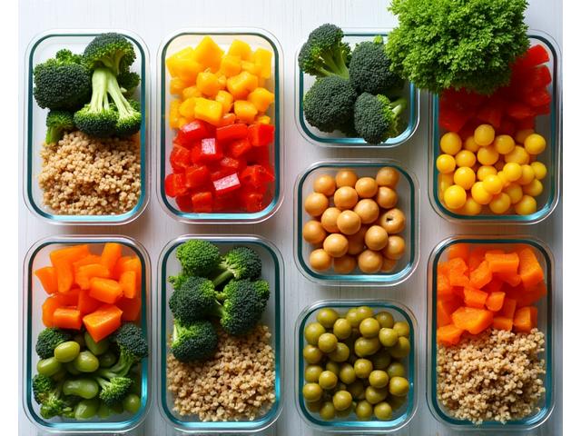 A vibrant, healthy meal prep spread with neatly packed containers of roasted vegetables, lean protein, and quinoa, symbolizing efficient and nutritious eating.