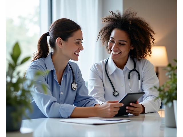 A friendly, professional medical or wellness practitioner consulting with an adult patient over 35, in a modern, light-filled office, symbolizing expert guidance and support.