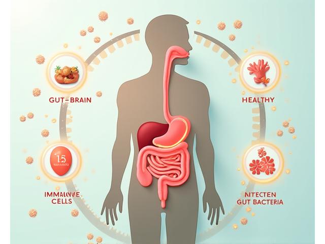 Educational infographic showing a healthy digestive system with beneficial gut bacteria, illustrating the connection between gut, brain, and immune system.