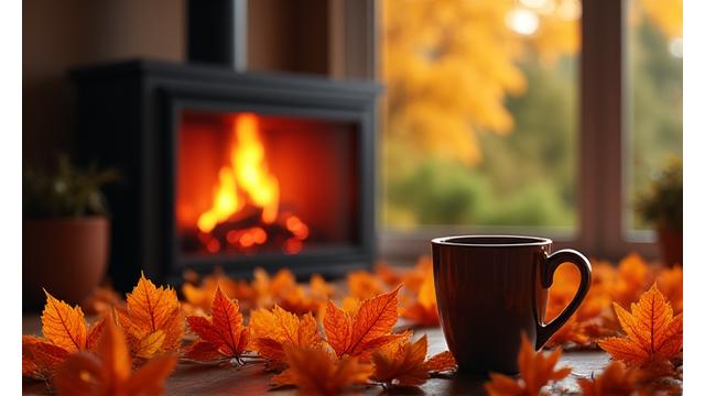 Vibrant autumn leaves by a cozy fireplace, representing seasonal wellness