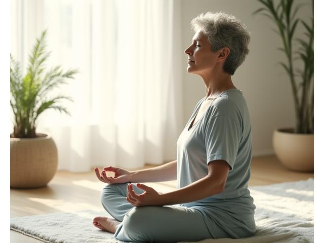 Serene individual meditating in a bright, minimalist space, radiating calm and wisdom