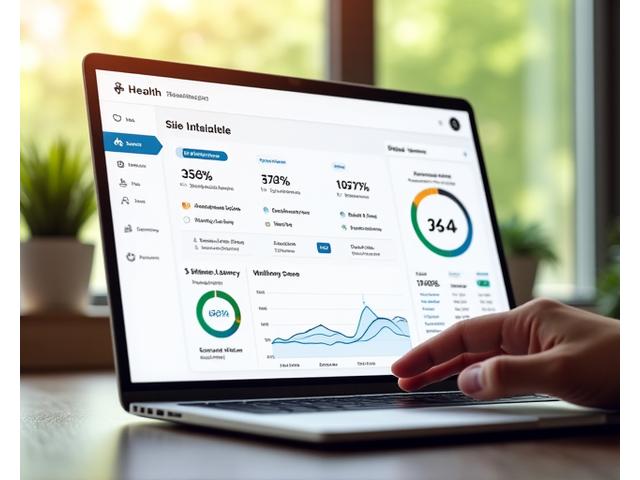 Illustration of a clean, intuitive health dashboard on a laptop, showing personalized progress charts for weight, sleep quality, and activity levels, with integrated data from wearables.